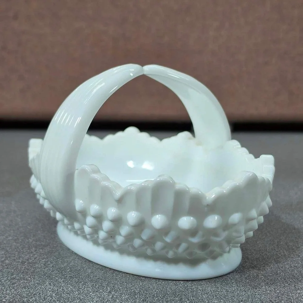 Fenton Basket Milk Glass White Excellent Hobnail Scalloped Split Handle 6.5in